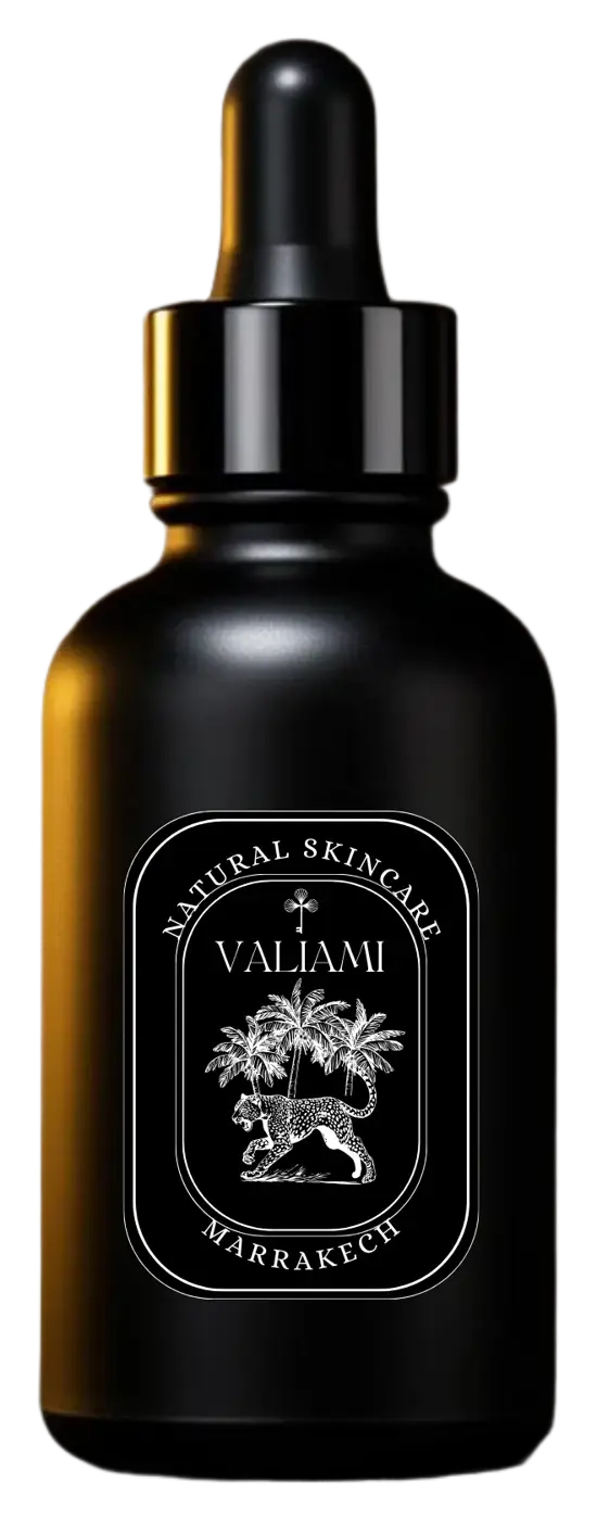 Sérum VALIAMI, flacon noir mat avec pipette, Natural Skincare Marrakech